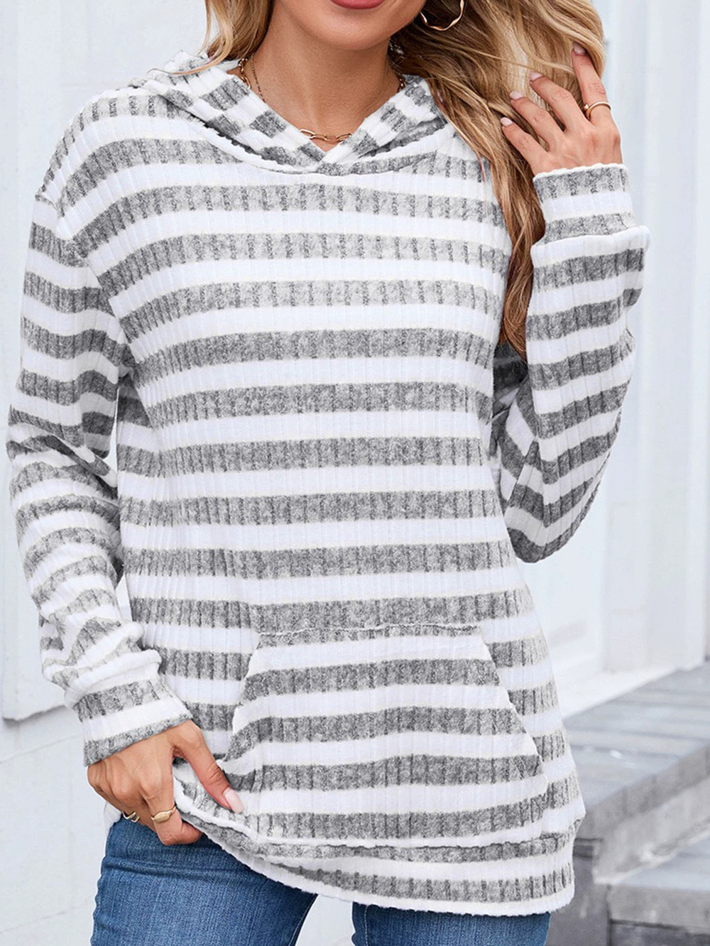 Forever 21 Women's Striped Hoodie Loose Long-Sleeve with Pocket Fall Winter